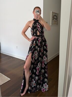 Black Floral Maxi Skirt with Pink & White Blooms and High Slit